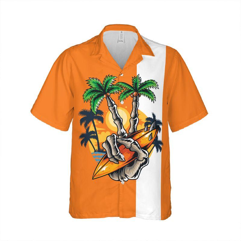 Surfing Skull Finger Aloha Hawaiian Shirts For Summer, Retro Orange Tropical Hawaiian Set Holiday Outfit For Men Women, Gift For Friend, Family, Team - Amzanimalsgift