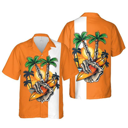 Surfing Skull Finger Aloha Hawaiian Shirts For Summer, Retro Orange Tropical Hawaiian Set Holiday Outfit For Men Women, Gift For Friend, Family, Team - Amzanimalsgift