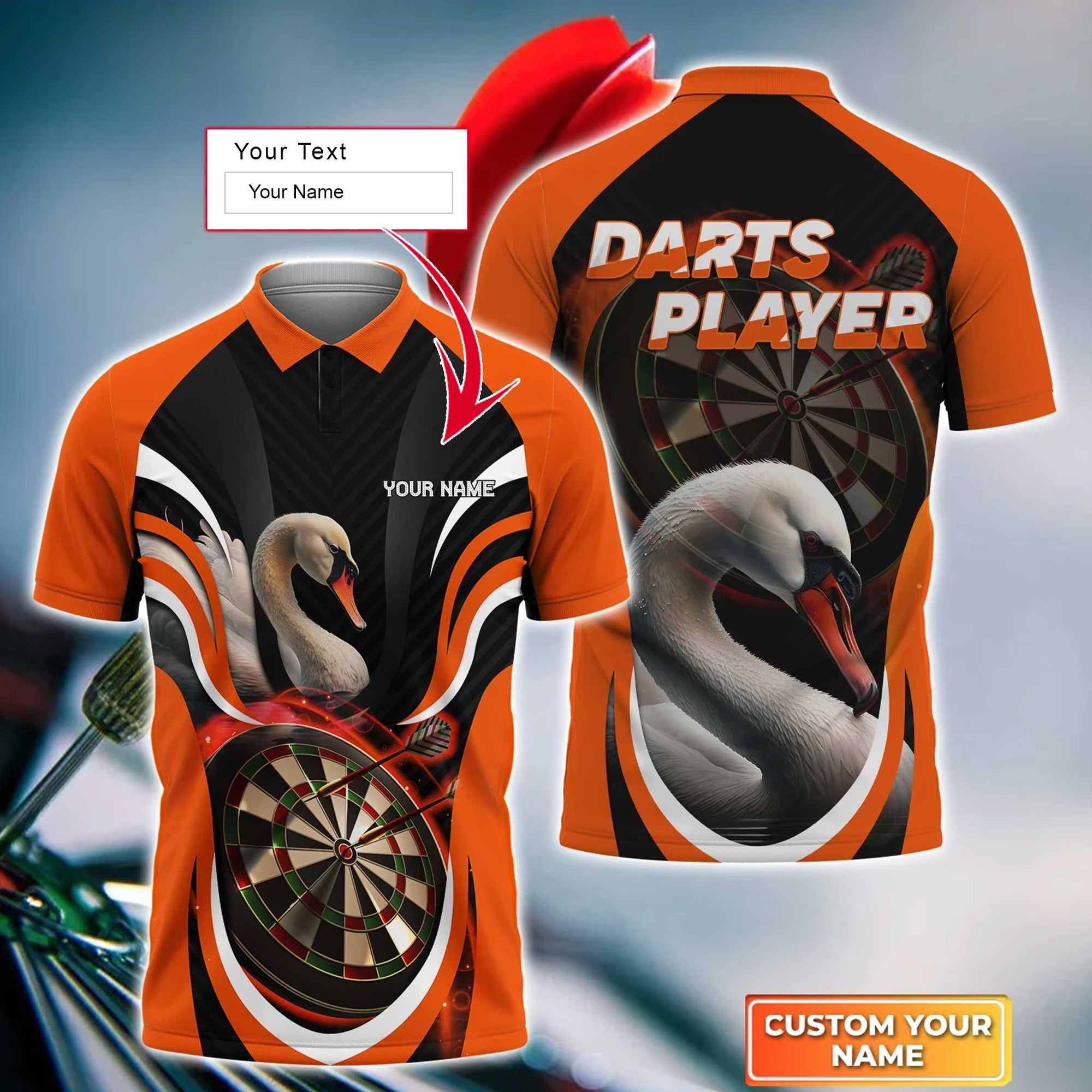 Swan And Darts Custom Name Men Polo Shirt, Orange Bullseye Dartboard Personalized Men Polo Shirt Gift For Darts Lovers, Friends, Team Player - Amzanimalsgift