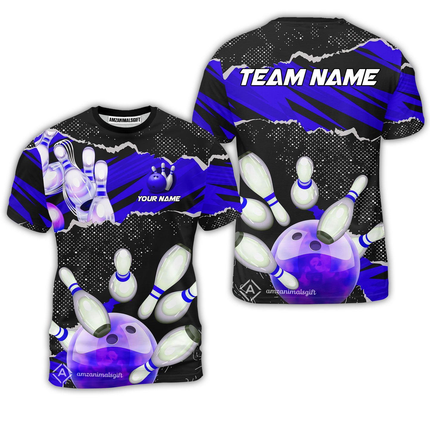 Personalized Bowling Team T-Shirt, Bowling Uniforms Ball & Pins Sport Pattern Custom Name And Team Name For Bowlers