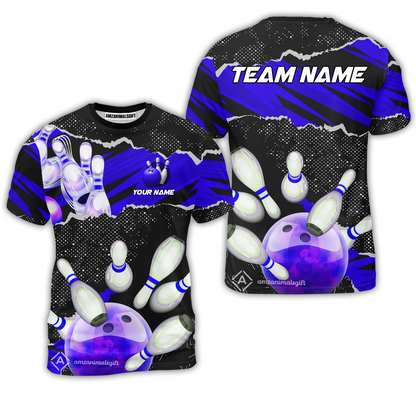 Personalized Bowling Team T-Shirt, Bowling Uniforms Ball & Pins Sport Pattern Custom Name And Team Name For Bowlers