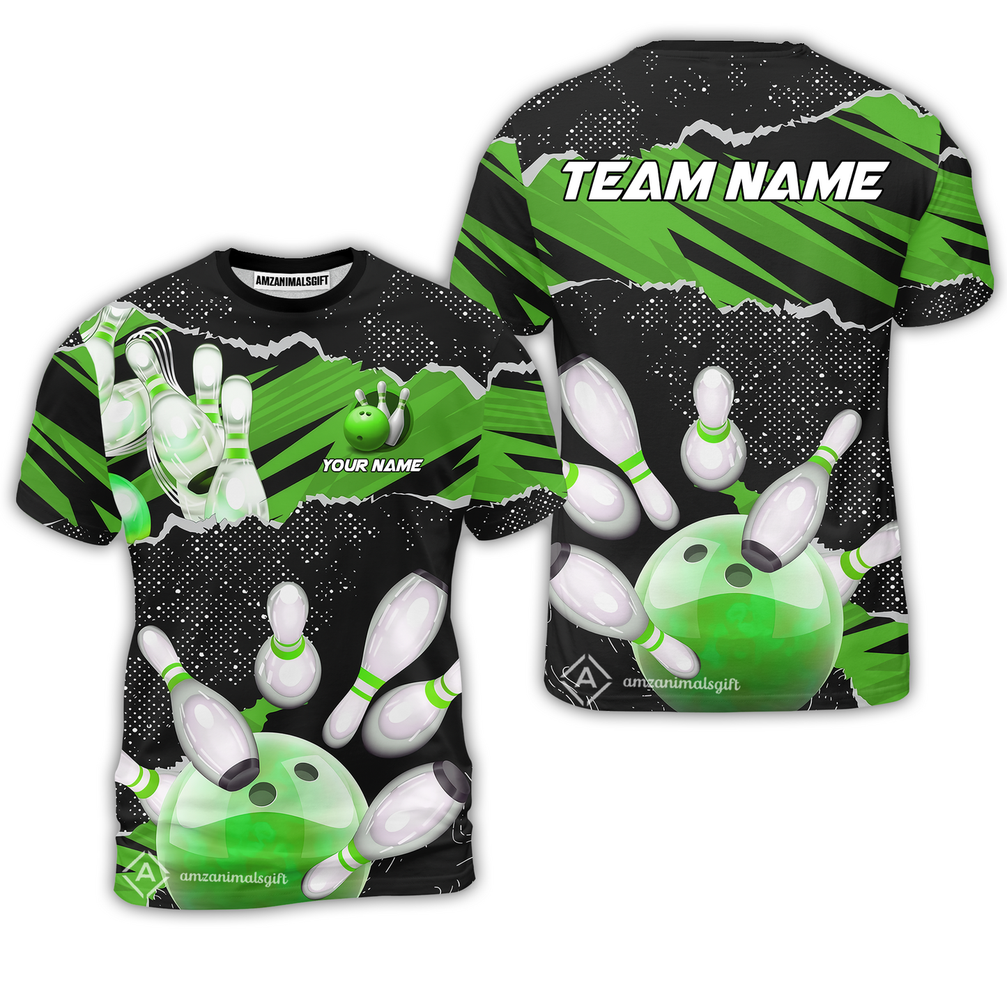 Personalized Bowling Team T-Shirt, Bowling Uniforms Ball & Pins Sport Pattern Custom Name And Team Name For Bowlers