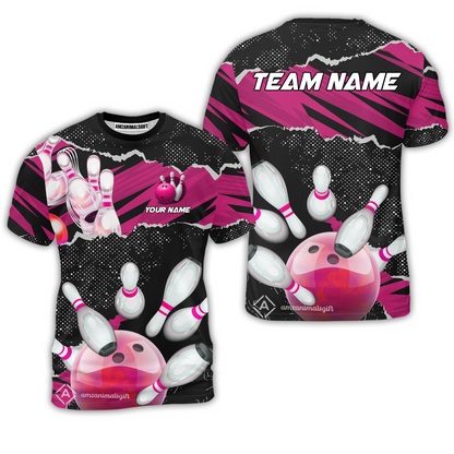 Personalized Bowling Team T-Shirt, Bowling Uniforms Ball & Pins Sport Pattern Custom Name And Team Name For Bowlers