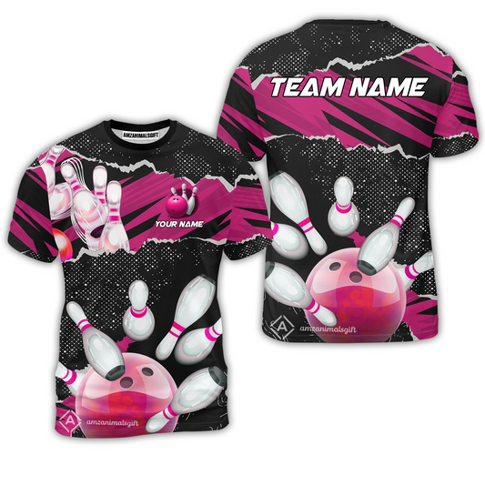Personalized Bowling Team T-Shirt, Bowling Uniforms Ball & Pins Sport Pattern Custom Name And Team Name For Bowlers
