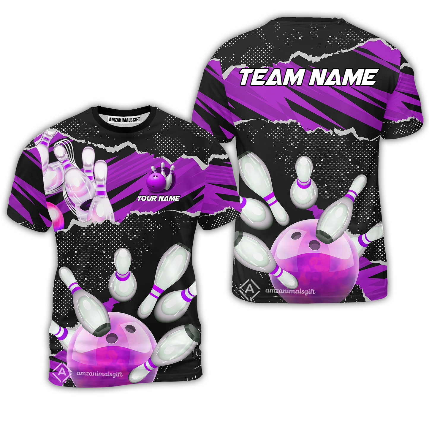 Personalized Bowling Team T-Shirt, Bowling Uniforms Ball & Pins Sport Pattern Custom Name And Team Name For Bowlers