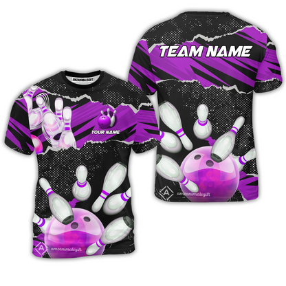Personalized Bowling Team T-Shirt, Bowling Uniforms Ball & Pins Sport Pattern Custom Name And Team Name For Bowlers