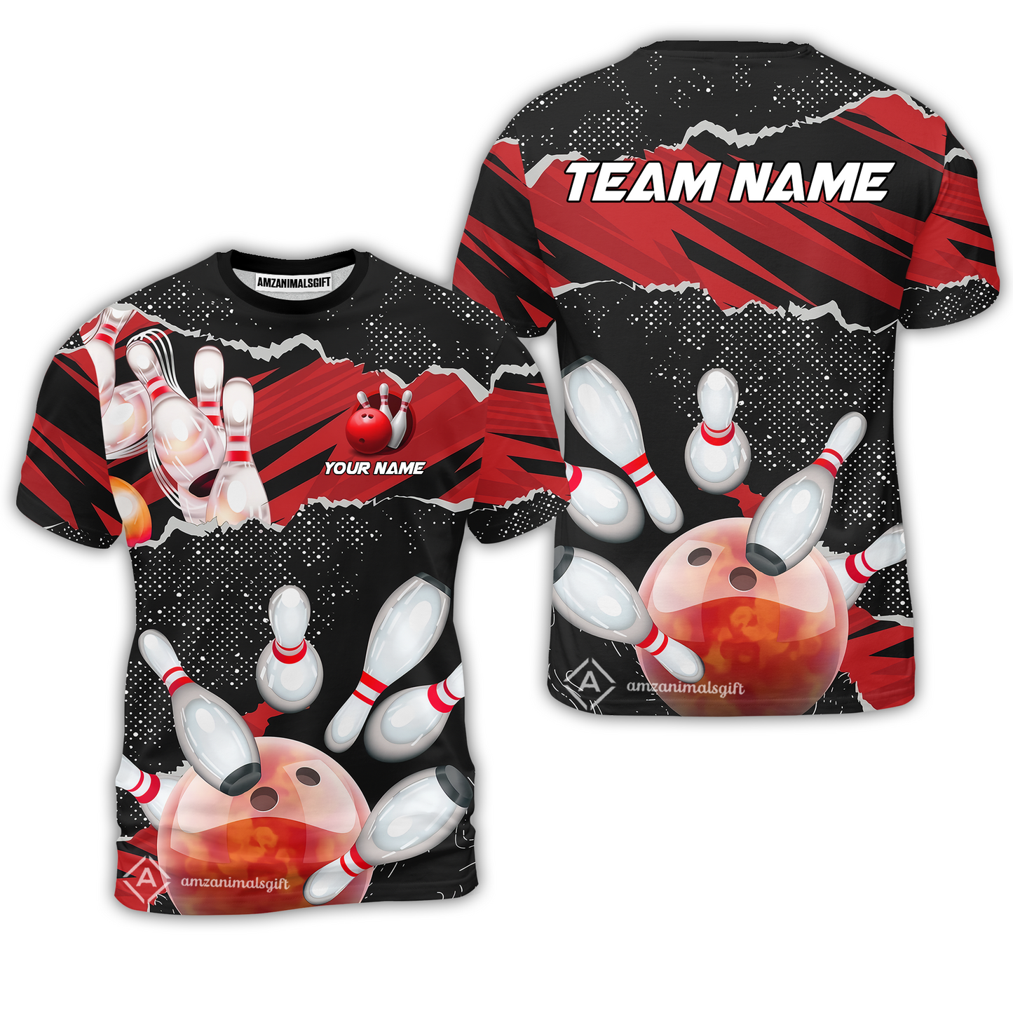 Personalized Bowling Team T-Shirt, Bowling Uniforms Ball & Pins Sport Pattern Custom Name And Team Name For Bowlers
