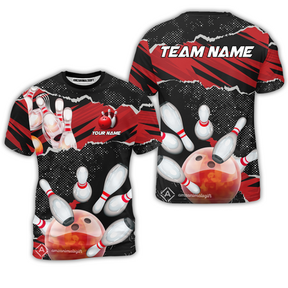 Personalized Bowling Team T-Shirt, Bowling Uniforms Ball & Pins Sport Pattern Custom Name And Team Name For Bowlers