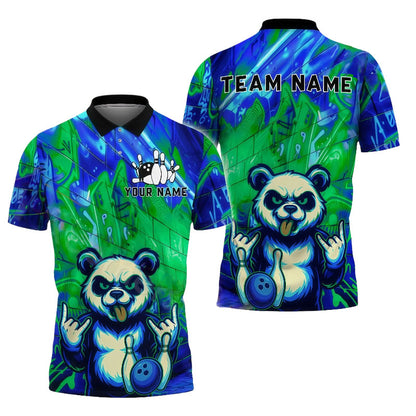 Customized Unisex Polo Shirt, Electric Neon Cyberpunk Panda Bowling Shirt, Uniform Bowling - Personalized Name And Team Name