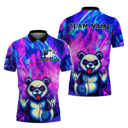 Customized Unisex Polo Shirt, Electric Neon Cyberpunk Panda Bowling Shirt, Uniform Bowling - Personalized Name And Team Name