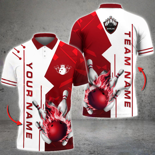 Customized Unisex Polo Shirt, Burning Bowling Ball Blue And White Design, Uniform Bowling - Personalized Name And Team Name