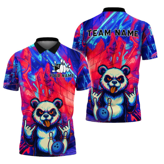 Customized Unisex Polo Shirt, Electric Neon Cyberpunk Panda Bowling Shirt, Uniform Bowling - Personalized Name And Team Name