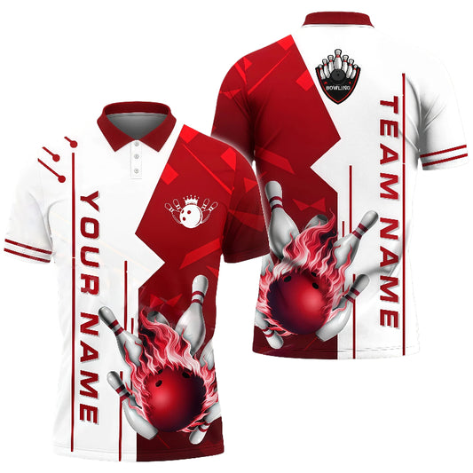 Customized Unisex Polo Shirt, Burning Bowling Ball Blue And White Design, Uniform Bowling - Personalized Name And Team Name