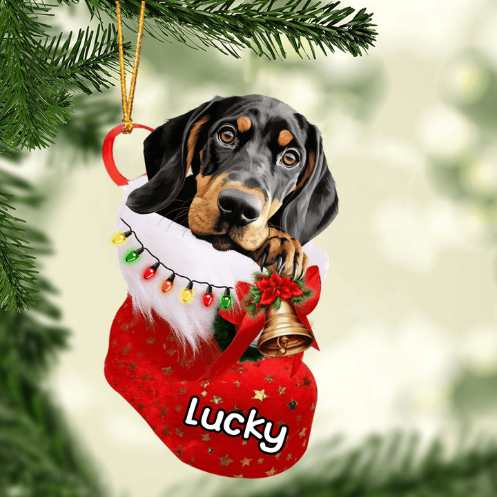 Custom Dog Acrylic Christmas Ornament, Personalized Black and Tan Coonhound in Christmas Stocking Acrylic Ornament for Dog Lover, New Year