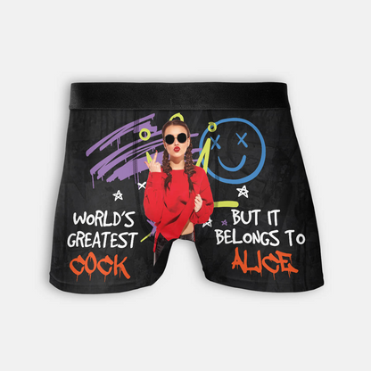 Personalized Boxers, Custom Face Underwear - Customized World's Greatest Cock But It Belongs To You Boxer - Best Valentine Gift For Men From Lover