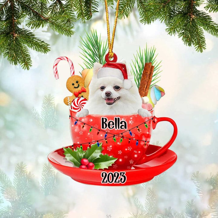 Custom Dog Acrylic Christmas Ornament, Personalized White Pomeranian In Red Cup Acrylic Ornament for Dog Lover, Christmas, New Year