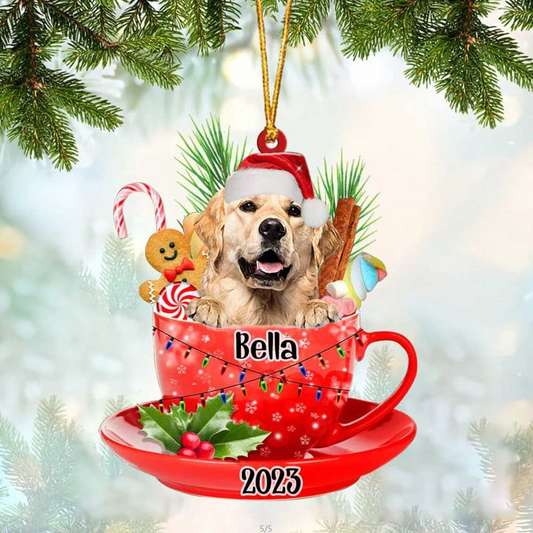 Custom Dog Acrylic Christmas Ornament, Personalized Cute Golden Retriever & Santa Hat In Red Cup Christmas Acrylic Ornament for Dog Lover