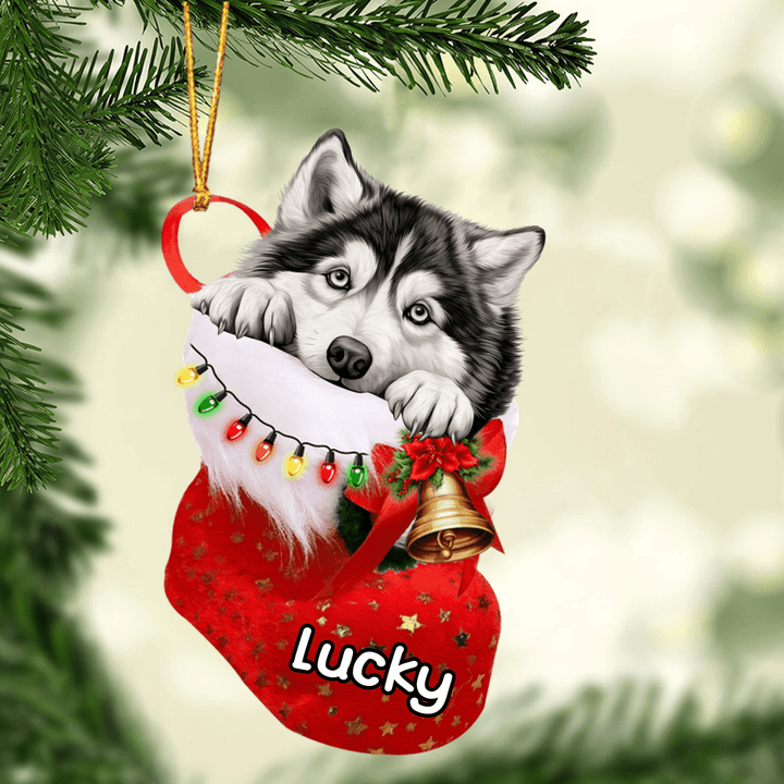 Custom Dog Acrylic Christmas Ornament, Personalized Alaskan Malamute in Christmas Stocking Acrylic Ornament for Dog Lover, New Year