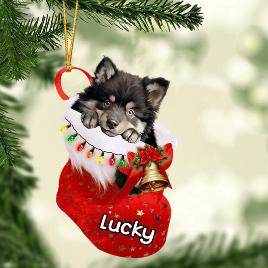 Custom Dog Acrylic Christmas Ornament, Personalized Finnish Lapphund In Stocking Christmas Acrylic Ornament for Dog Lover, New Year