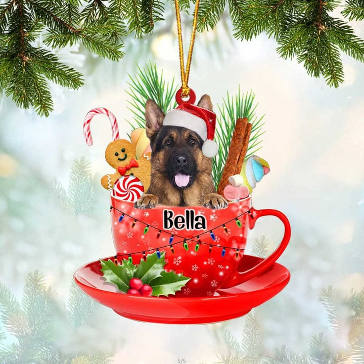 Custom Dog Acrylic Christmas Ornament, Personalized German Shepherd & Santa Hat In Red Cup Acrylic Ornament for Dog Lover, Christmas, New Year