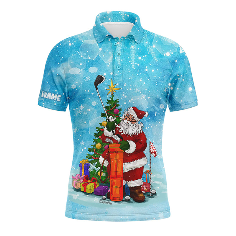 Custom Golf Long Sleeve Men Polo Shirt - Custom Name Christmas Blue Snow Winter Santa Golfer Apparel- Personalized Gift For Golf Lover, Friend, Family
