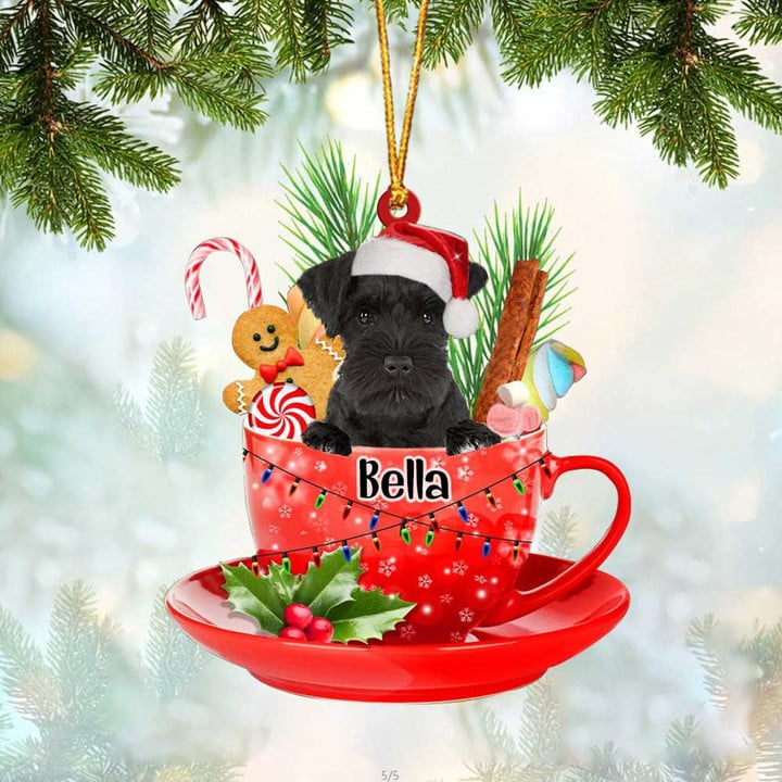 Custom Dog Acrylic Christmas Ornament, Personalized Black Miniature Schnauzer & Santa Hat In Red Cup Acrylic Ornament for Dog Lover, Christmas, New Year