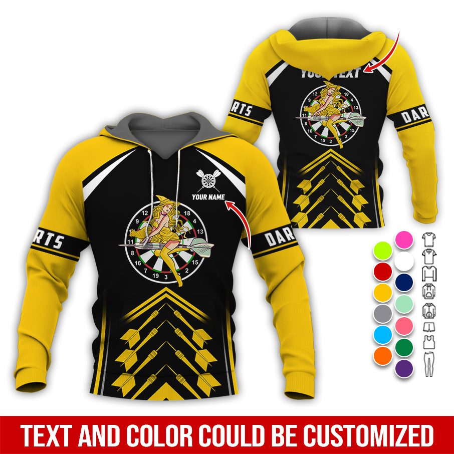 Personalized Name & Text Darts Premium Hoodie, Witch Riding Broom & Darts Hoodie, Perfect Gift For Darts Lovers, Friend, Family