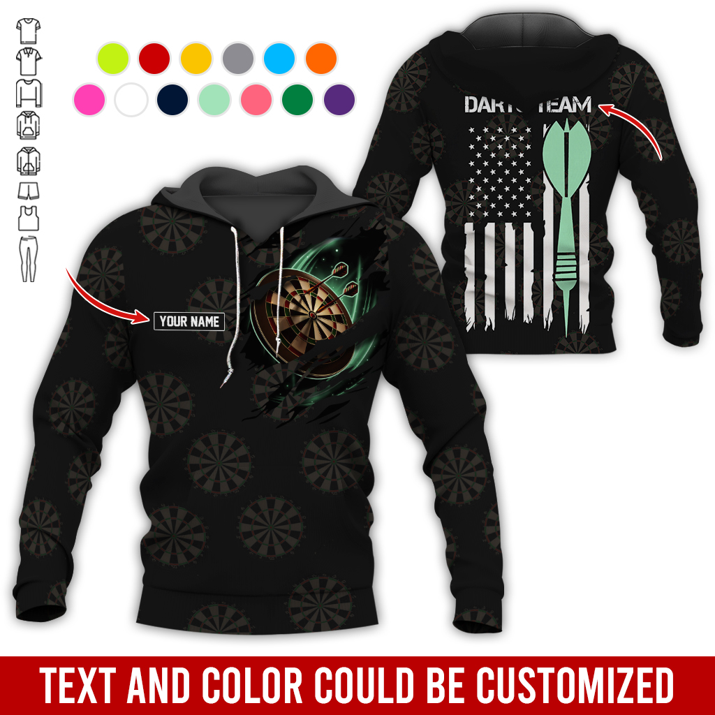 Customized Name & Team Name Darts Premium Hoodie, American Flag & Darts Pattern Black Hoodie, Perfect Gift For Darts Lovers, Friend, Family