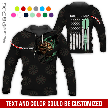 Customized Name & Team Name Darts Premium Hoodie, American Flag & Darts Pattern Black Hoodie, Perfect Gift For Darts Lovers, Friend, Family