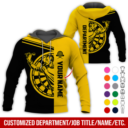Customized Name & Department Darts Premium Hoodie, Man Playing Darts Pattern Black Hoodie, Perfect Gift For Darts Lovers, Friend, Family