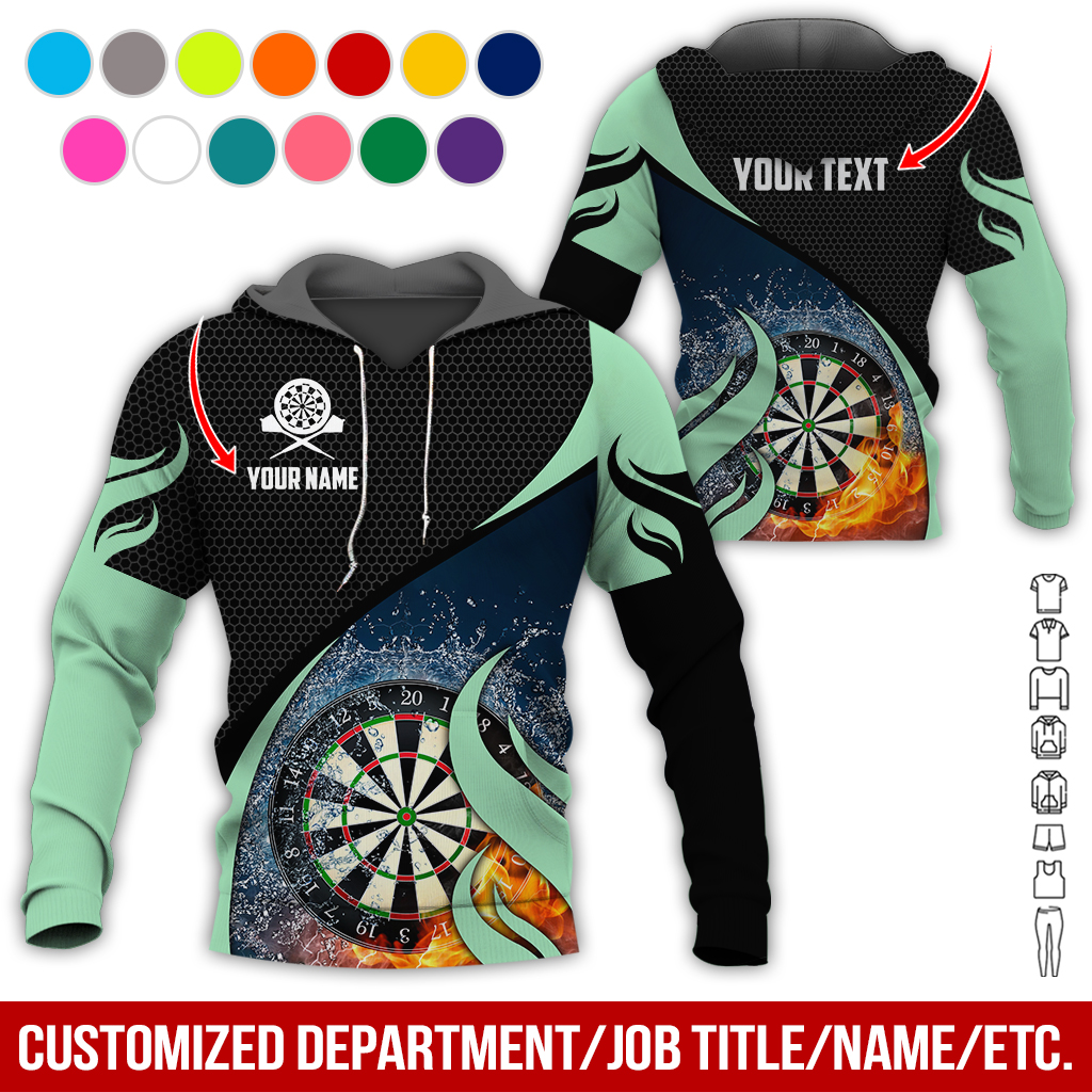 Personalized Fire & Water Darts Premium Hoodie, Customized Name & Text Darts Hoodie, Honeycomb Pattern Hoodie, Perfect Gift For Darts Lovers, Darts Player