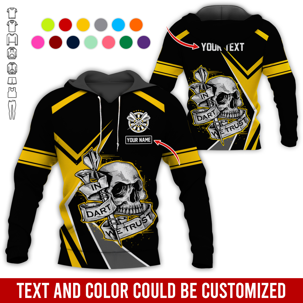 Customized Name & Text Darts Skull Premium Hoodie, In Darts We Trust Skull Pattern Colorful Hoodie, Perfect Gift For Darts Lovers, Friend, Family