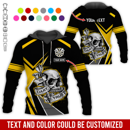 Customized Name & Text Darts Skull Premium Hoodie, In Darts We Trust Skull Pattern Colorful Hoodie, Perfect Gift For Darts Lovers, Friend, Family