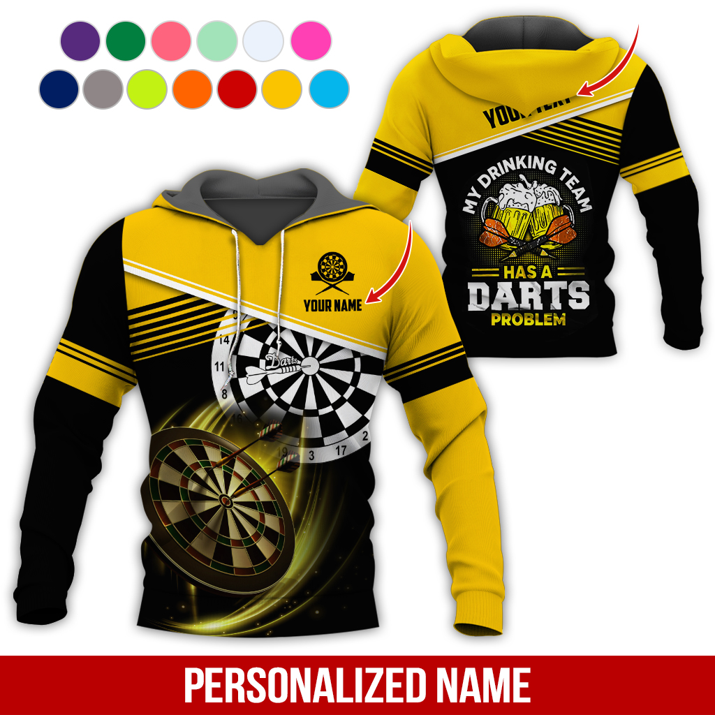 Customized Name & Text Darts Skull Premium Hoodie, My Drinking Team Has Darts Problem Hoodie, Perfect Gift For Darts Lovers, Darts Player