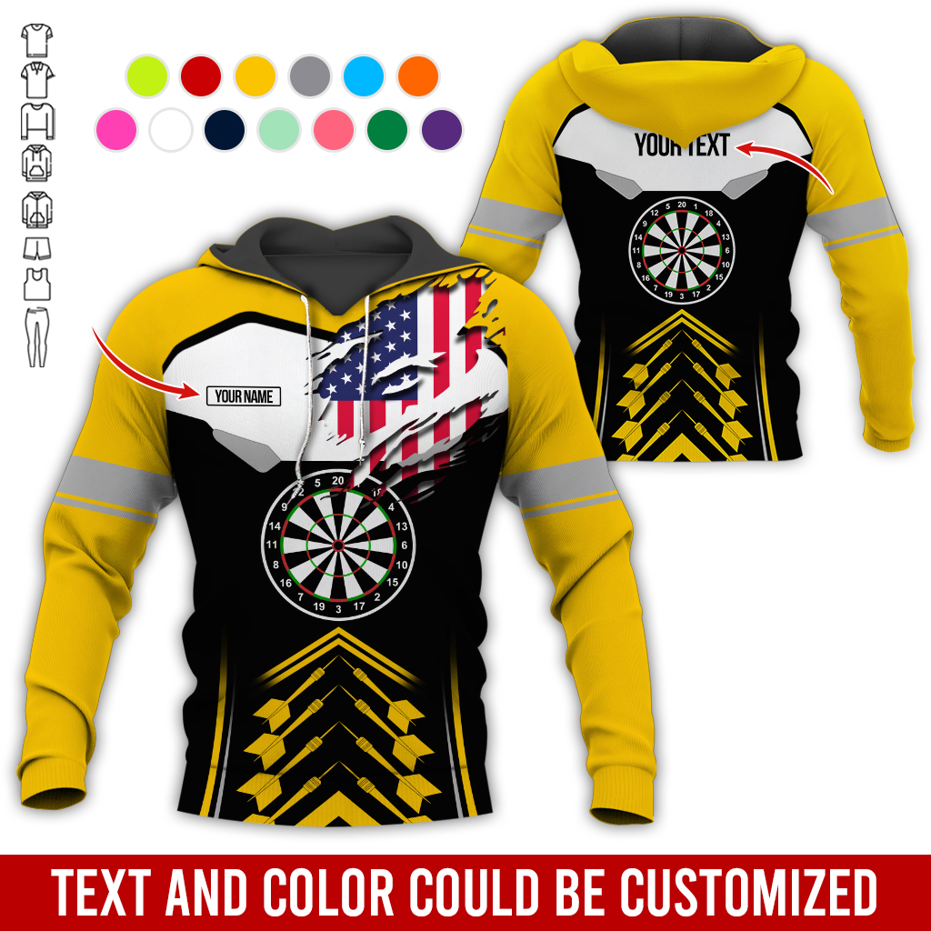 Personalized American Flag Darts Premium Hoodie, Customized Name & Text Darts Black & White Hoodie, Perfect Gift For Darts Lovers, Darts Player