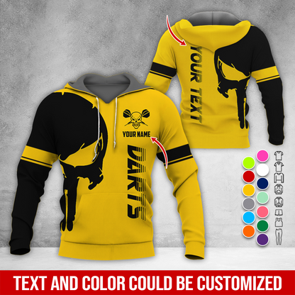 Customized Name & Text Darts Skull Premium Hoodie, Skull & Darts Pattern Hoodie, Perfect Gift For Darts Lovers, Friend, Family