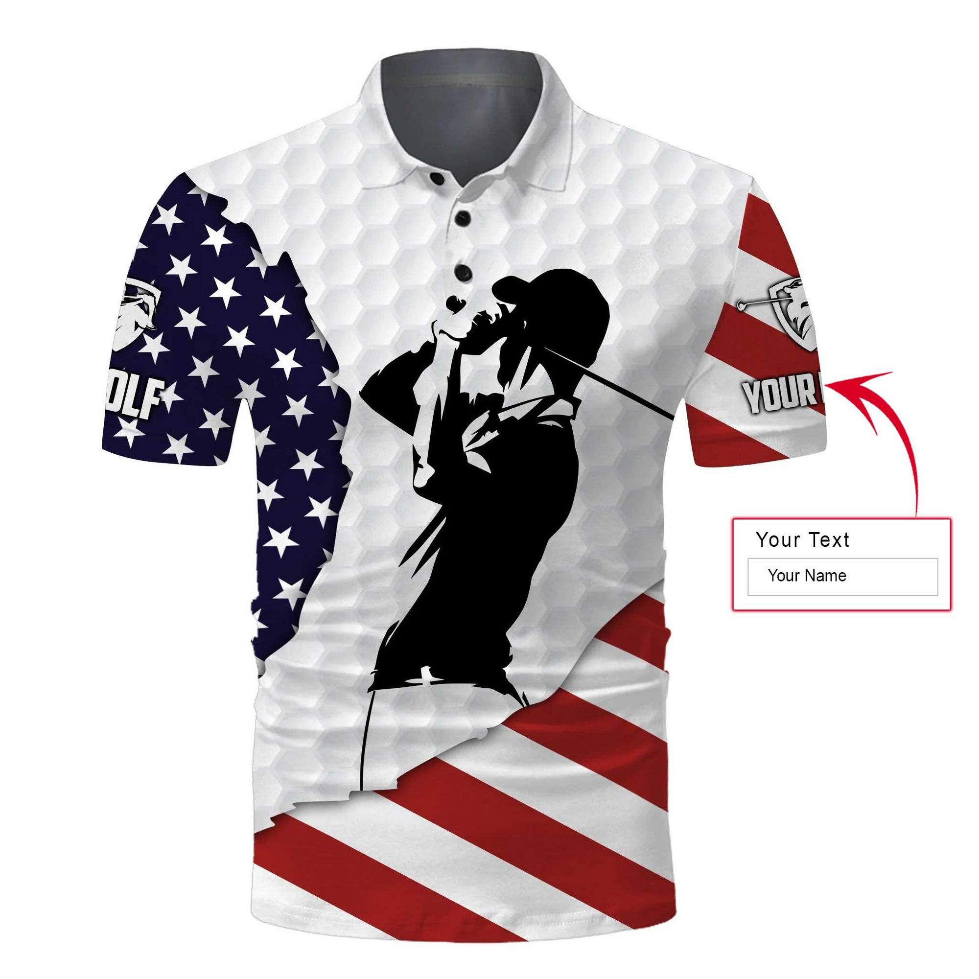 Golf Men Polo Shirts, Custom Name American flag 4th July Apparel - Personalized Gift For Men, Husband, Boyfriend, Golf Lovers, Independence Day