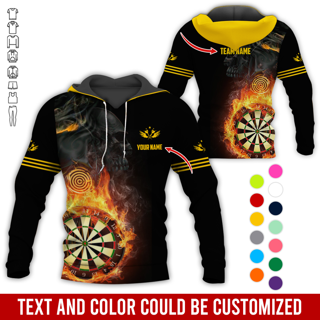 Customized Name & Text Darts SKull Premium Hoodie, Flaming Dartboards Pattern Hoodie For Men & Woman, Perfect Gift For Darts Lovers, Darts Player