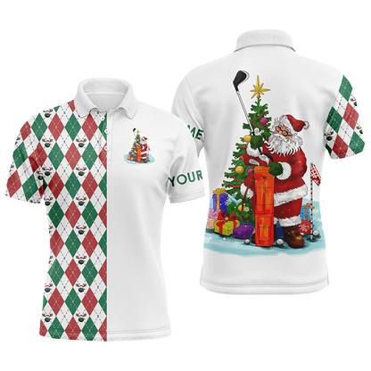 Custom Golf Long Sleeve Men Polo Shirt - Funny Santa Golfer Christmas Golf Ball Pattern Custom Name Apparel - Personalized Gift For Golf Lover, Team