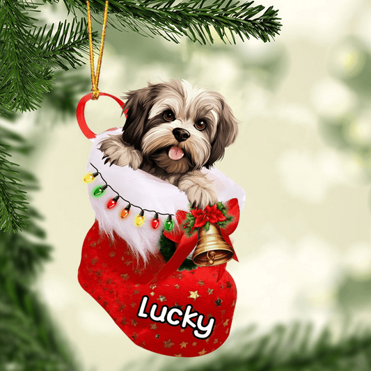 Custom Dog Acrylic Christmas Ornament, Personalized Lhasa Apso In Stocking Christmas Acrylic Ornament for Dog Lover, New Year