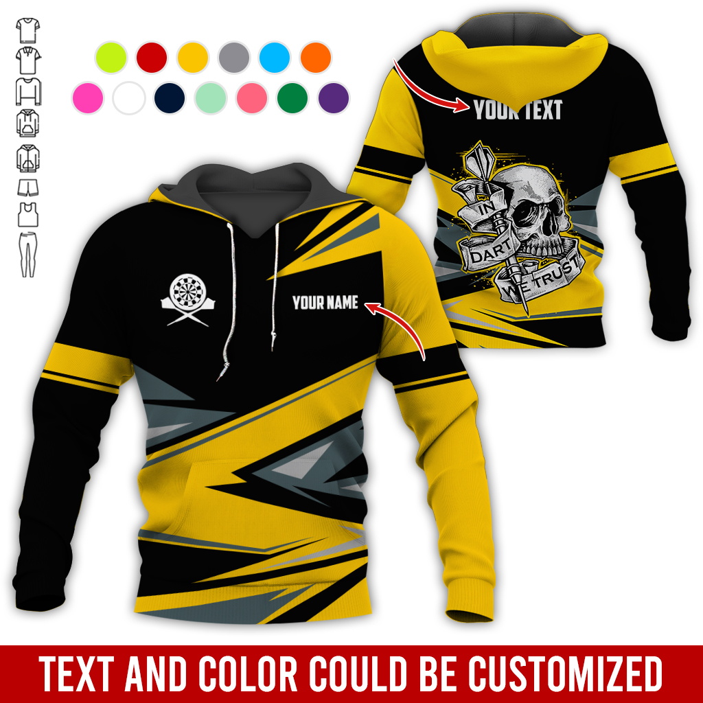 Customized Name & Text Darts Skull Premium Hoodie, In Darts We Trust Hoodie For Men & Women, Perfect Gift For Darts Lovers, Friend, Family