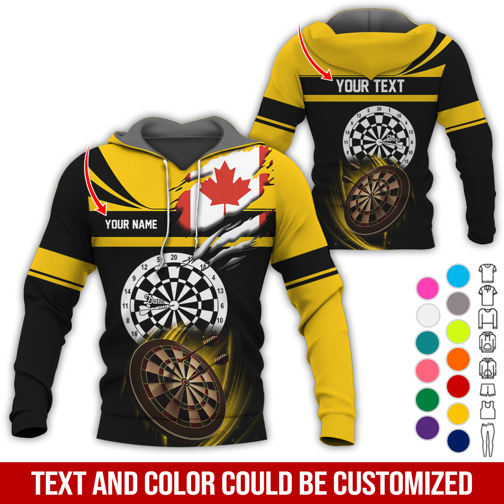 Customized Name & Text Darts Premium Hoodie, Canada Flag Pattern Darts Hoodie, Perfect Gift For Darts Lovers, Friend, Family