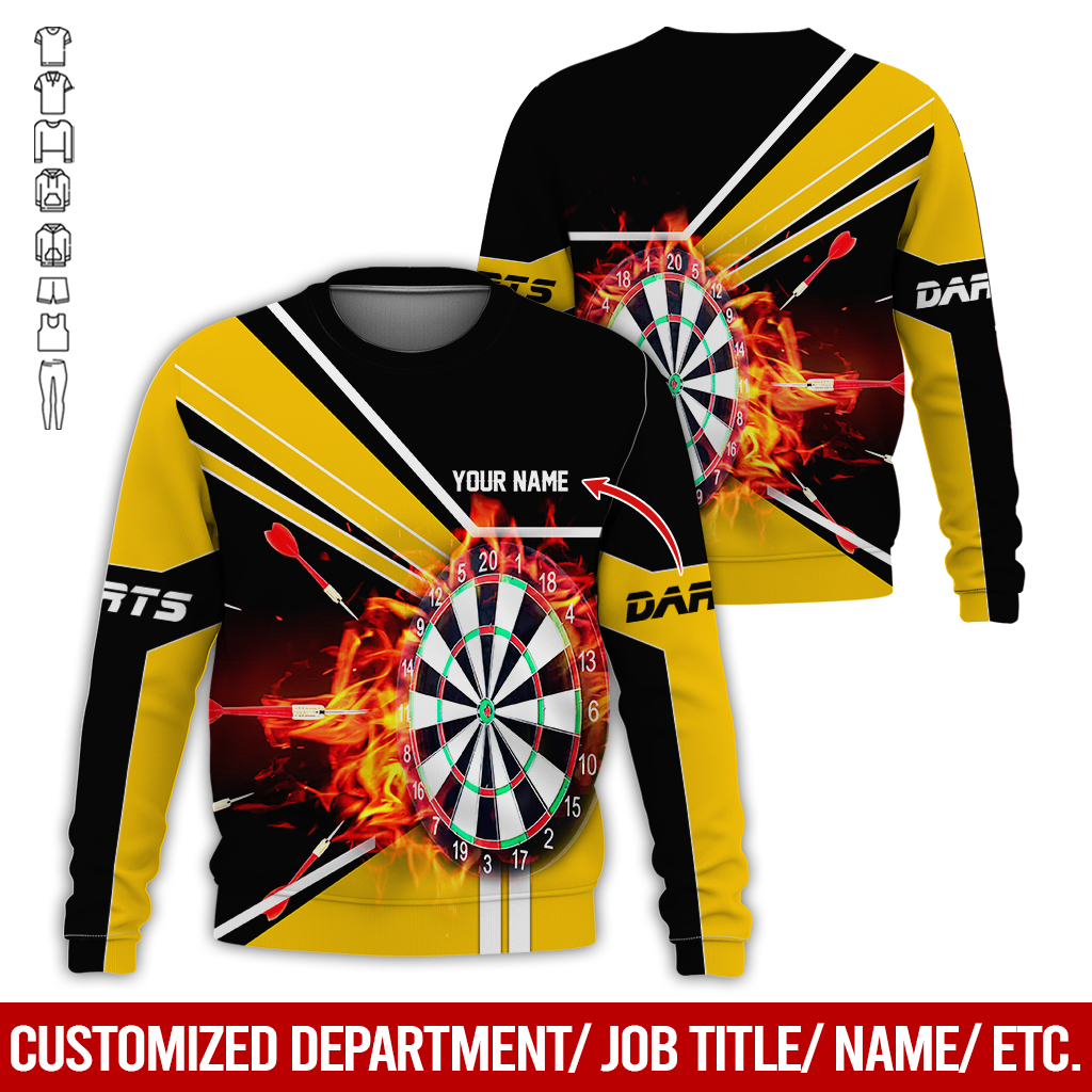 Customized Darts Sweatshirt, Personalized Name Darts Sweatshirt, Flaming Darts Pattern Sweatshirt, Perfect Gift For Darts Lovers, Darts Player