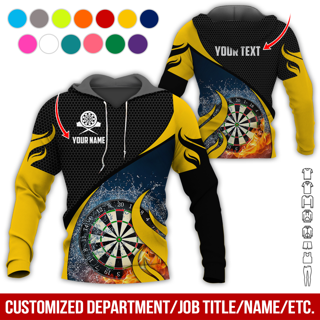 Personalized Fire & Water Darts Premium Hoodie, Customized Name & Text Darts Hoodie, Honeycomb Pattern Hoodie, Perfect Gift For Darts Lovers, Darts Player