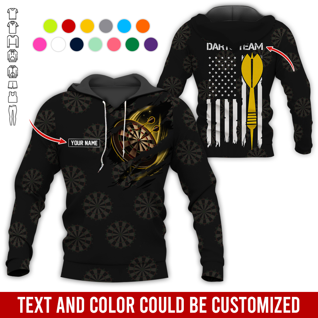Customized Name & Team Name Darts Premium Hoodie, American Flag & Darts Pattern Black Hoodie, Perfect Gift For Darts Lovers, Friend, Family