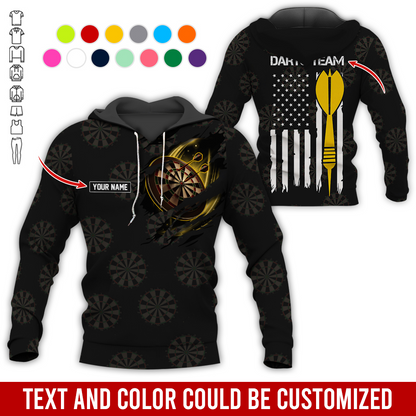 Customized Name & Team Name Darts Premium Hoodie, American Flag & Darts Pattern Black Hoodie, Perfect Gift For Darts Lovers, Friend, Family