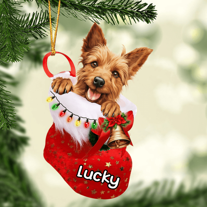 Custom Dog Acrylic Christmas Ornament, Personalized Australian Terrier in Christmas Stocking Acrylic Ornament for Dog Lover, New Year