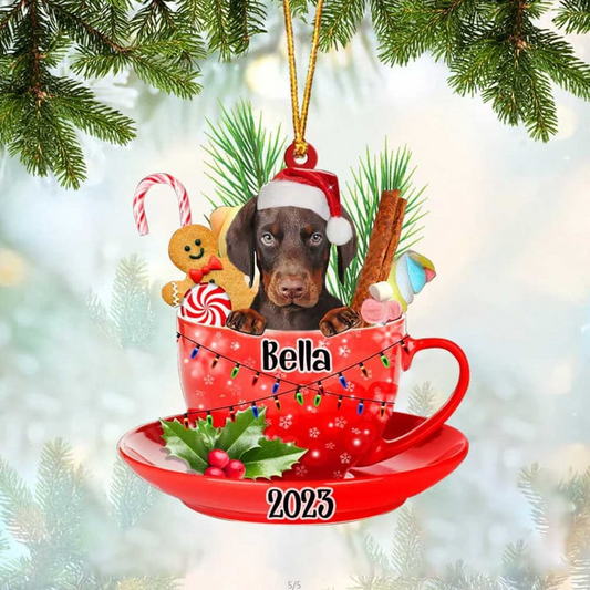 Custom Dog Acrylic Christmas Ornament, Personalized Dobermann & Santa Hat In Red Cup Christmas Acrylic Ornament for Dog Lover