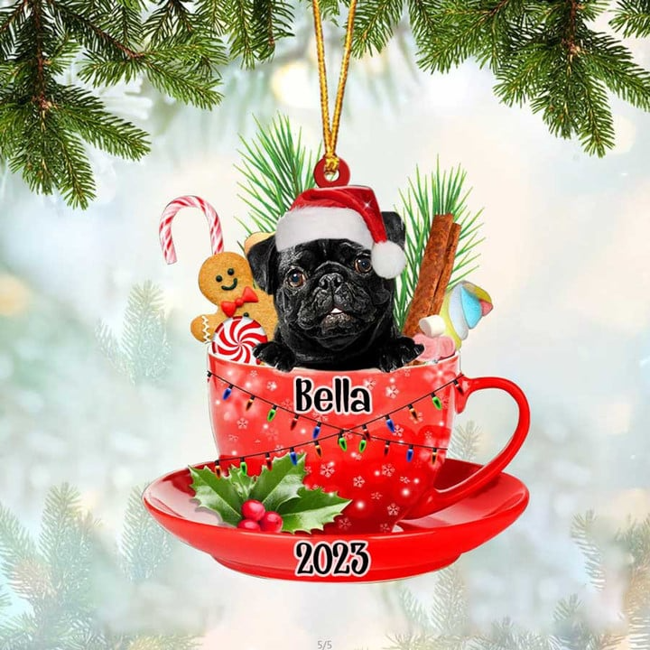 Custom Dog Christmas Car Ornament, Personalized Black Pug In Cup Merry Car Ornament For Dog Lovers, Dog Christmas Gift