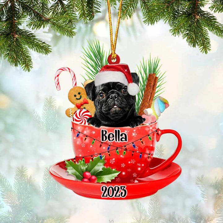 Custom Dog Acrylic Christmas Ornament, Personalized Black Pug In Cup Merry Acrylic Ornament For Dog Lovers, Dog Christmas Gift
